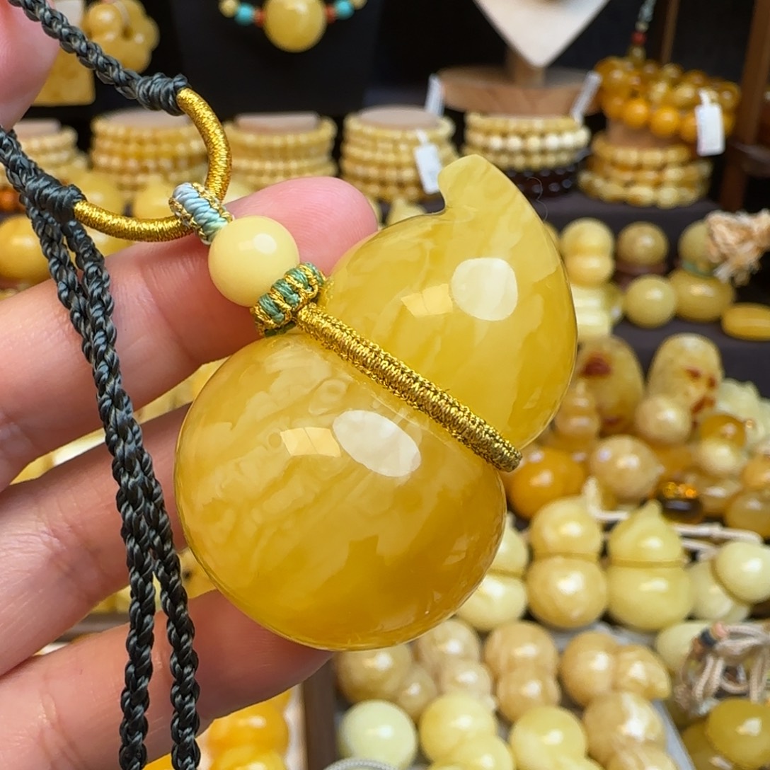 琥珀未镶嵌套链天然鸡油黄虎皮妖花蜜蜡葫芦