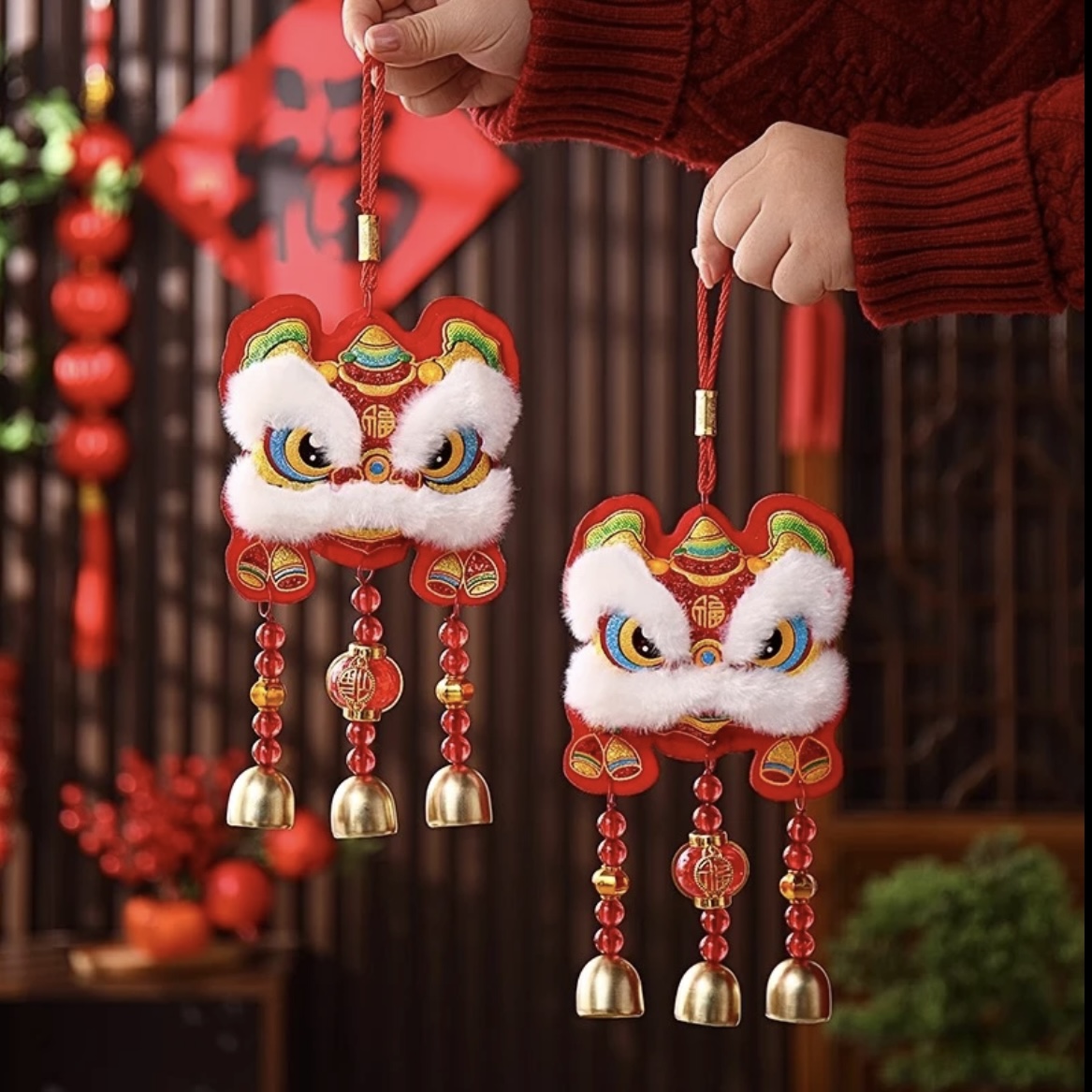【毛绒福狮风铃】挂饰新年挂件装饰春节过年福字室内布置2722