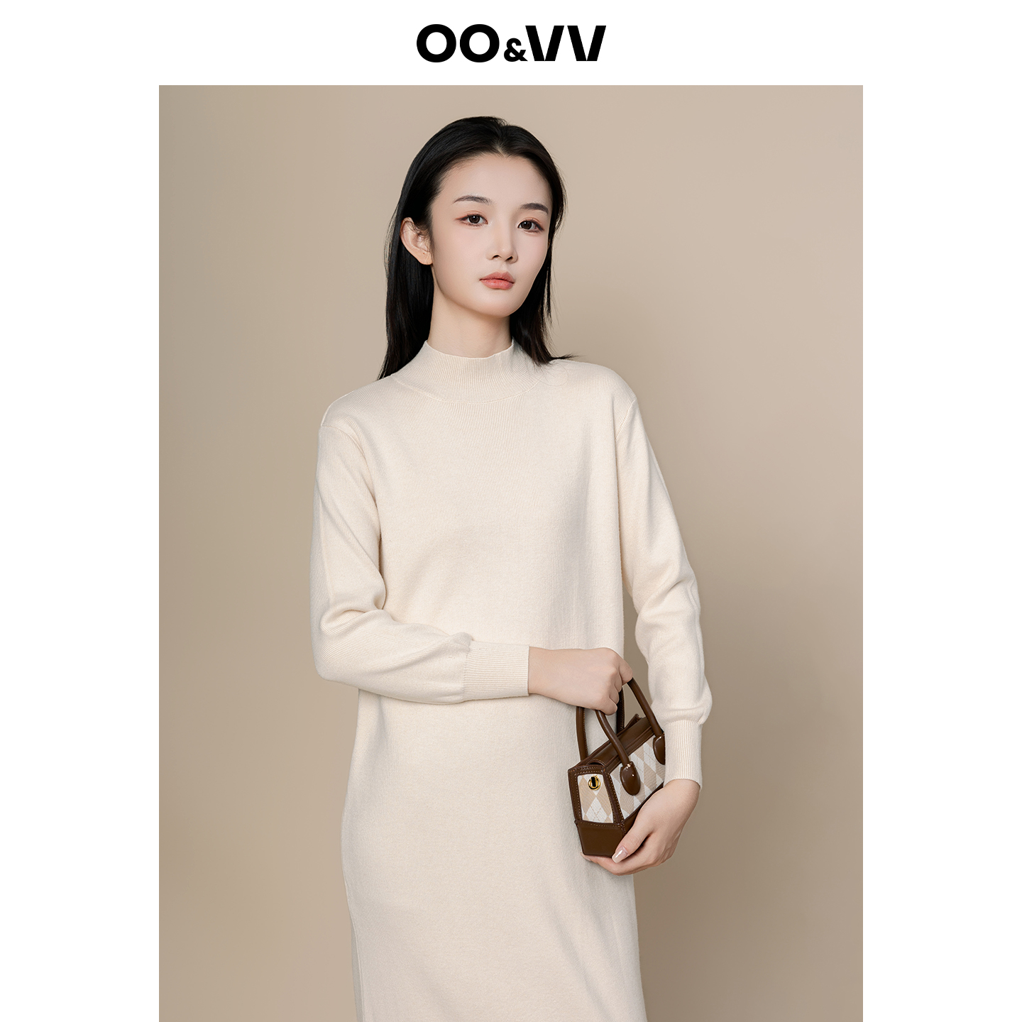 OO&VV纯色半高领针织连衣裙女2025秋冬新款休闲宽松显瘦慵懒风