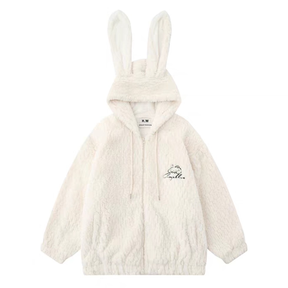 【反骨ZAI】可爱兔耳朵连帽羊羔绒棉服外套#11408