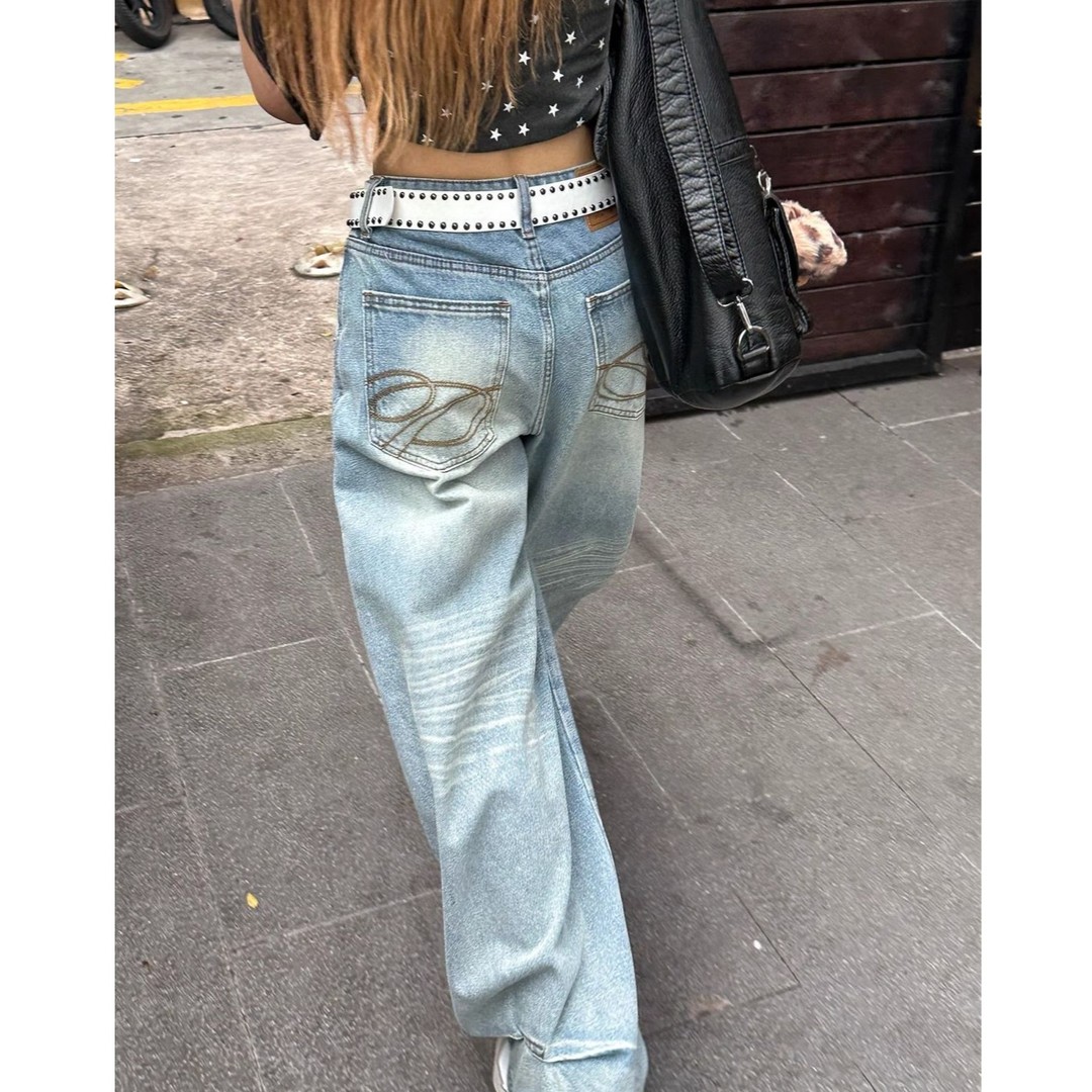 美式浅蓝色加绒加厚直筒牛仔裤女冬大码胖mm刺绣宽松设计感阔腿裤