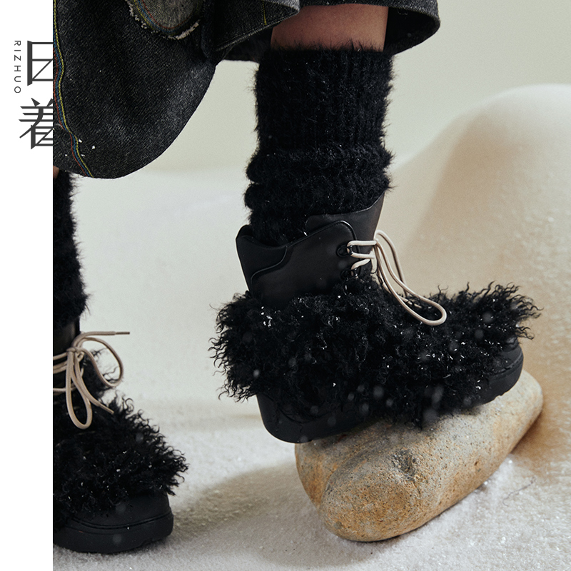 日着趣雪怪雪地靴2025冬季新款毛绒系带增高厚底保暖靴女RD8198X2