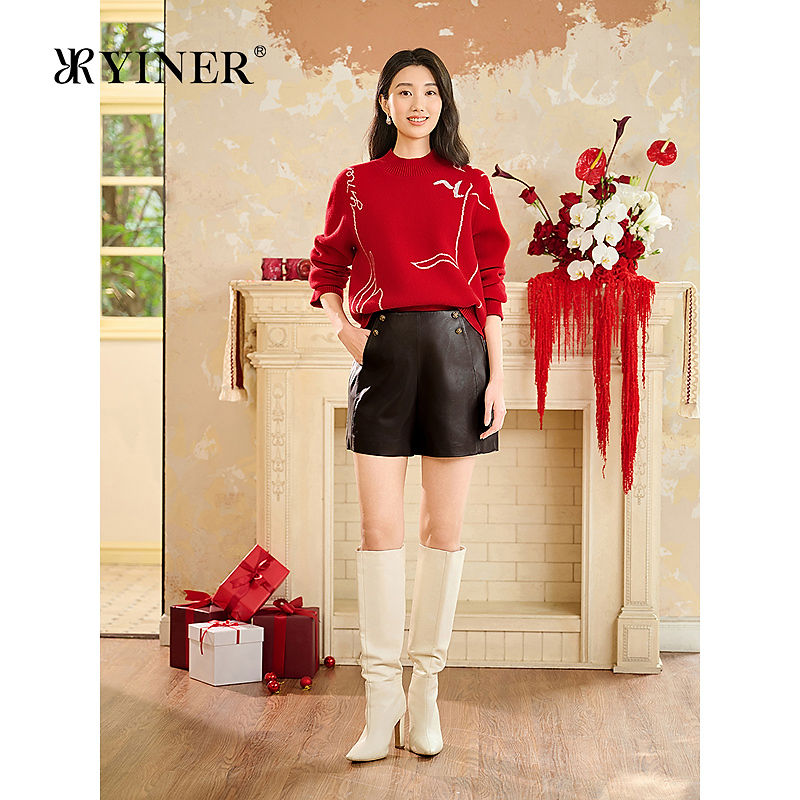 YINER音儿专选2025冬季新款法式复古百搭全羊皮高腰A字短款皮裤