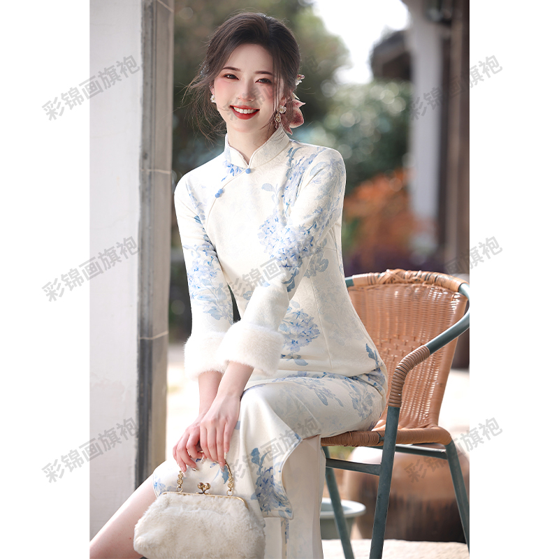 白色旗袍新中式秋冬季长袖年轻款女气质中国风轻奢高级感长款日常