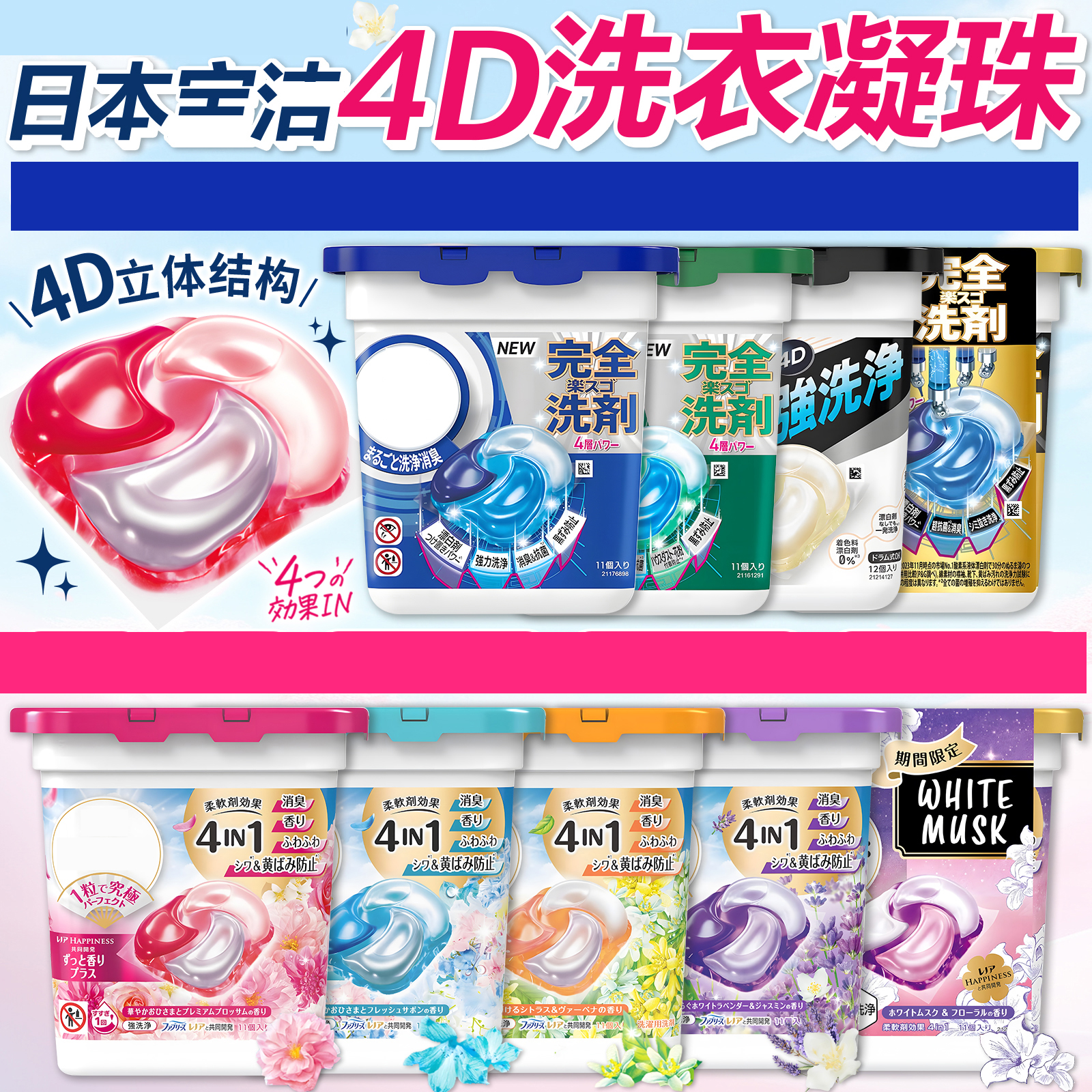 【4盒包邮】日本进口洗衣凝珠花香4合一强力去污柔顺留香花香洗衣球