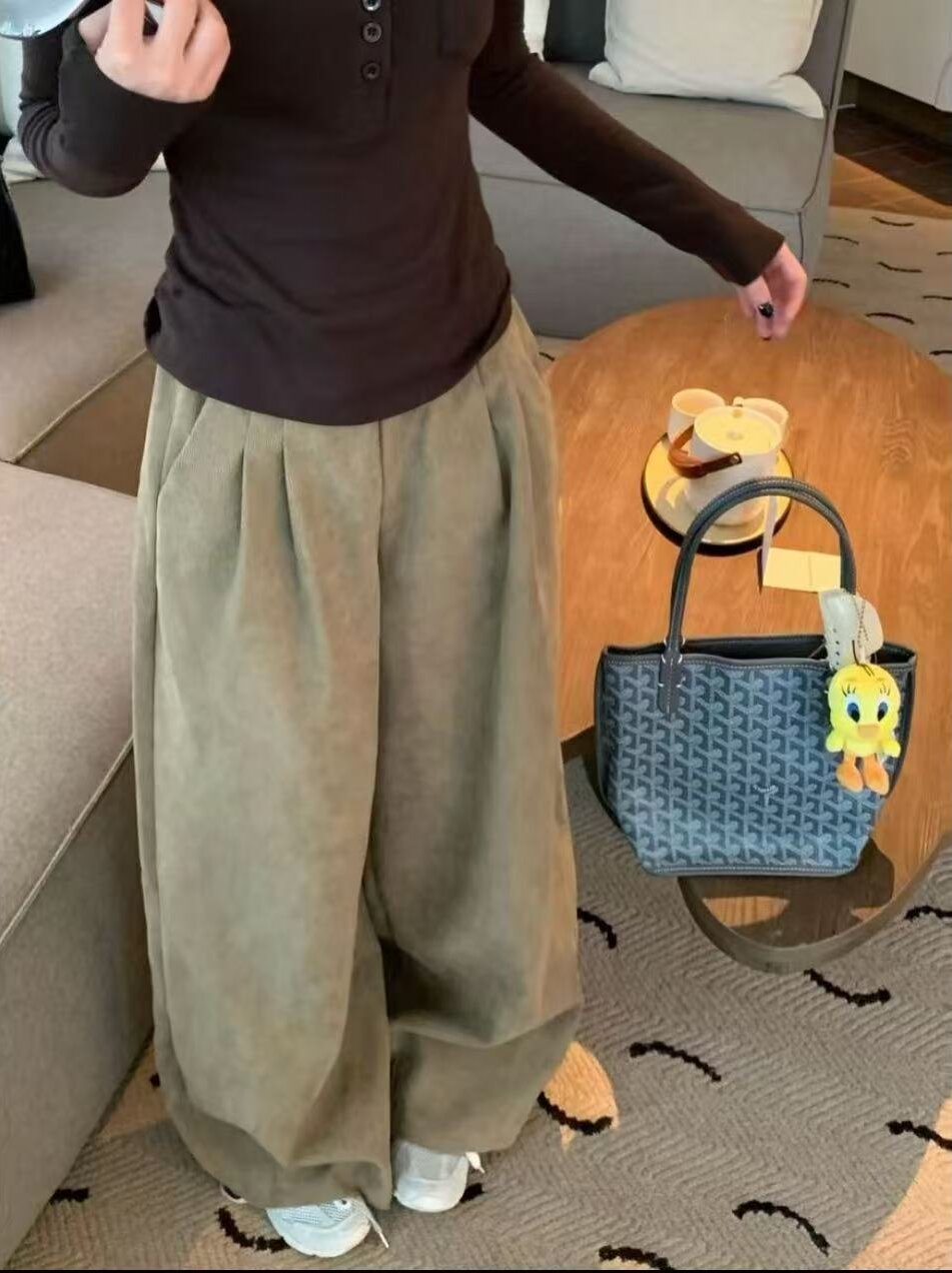 TT 016秋季新款韩系复古简约慵懒风宽松百搭设计感小众阔腿休闲裤