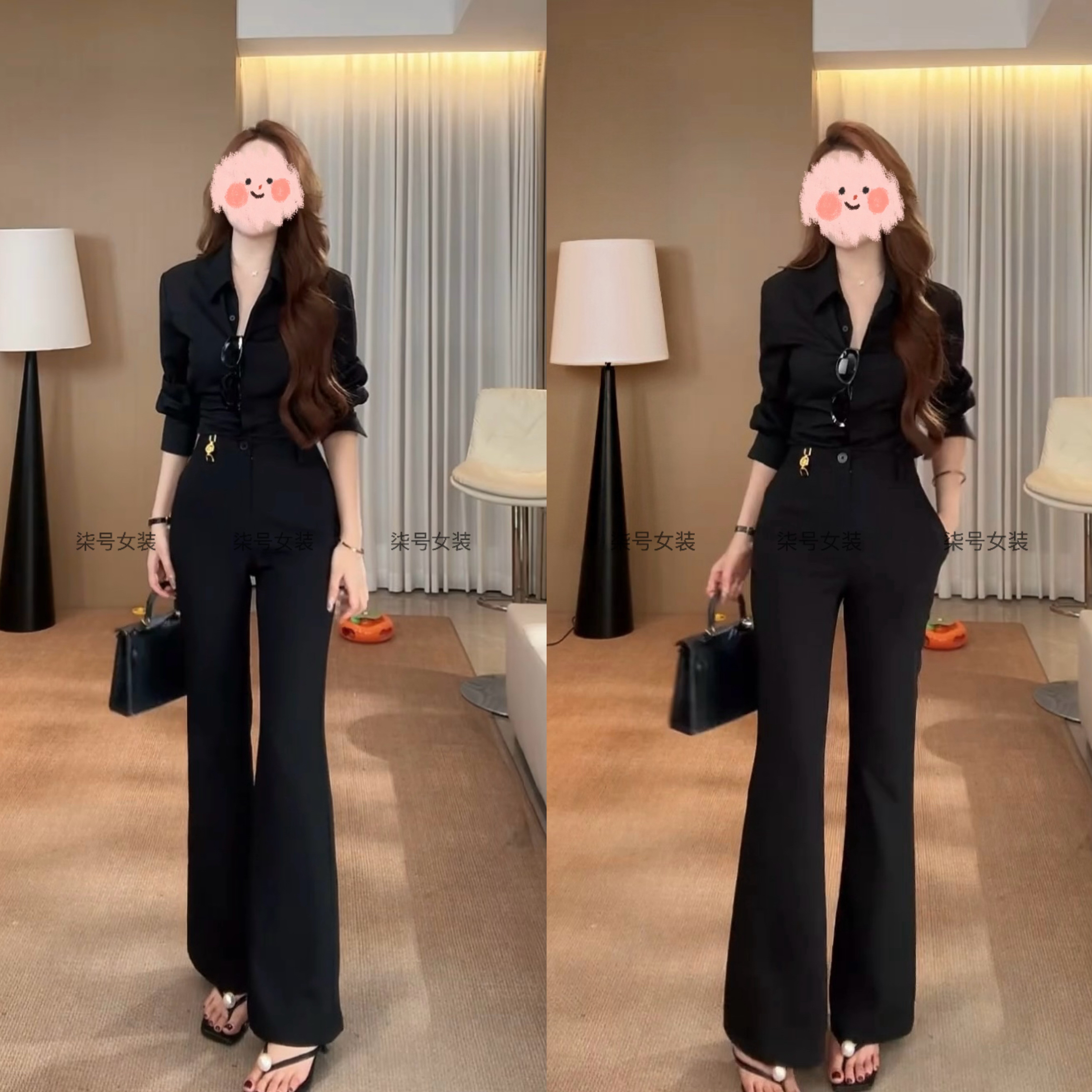 2025秋季新款韩系高级感气质POLO领长袖衬衫高腰微喇叭长裤套装女