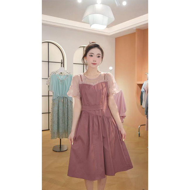 L8628  2025年春夏新款气质假两件显瘦遮肚中长款连衣裙