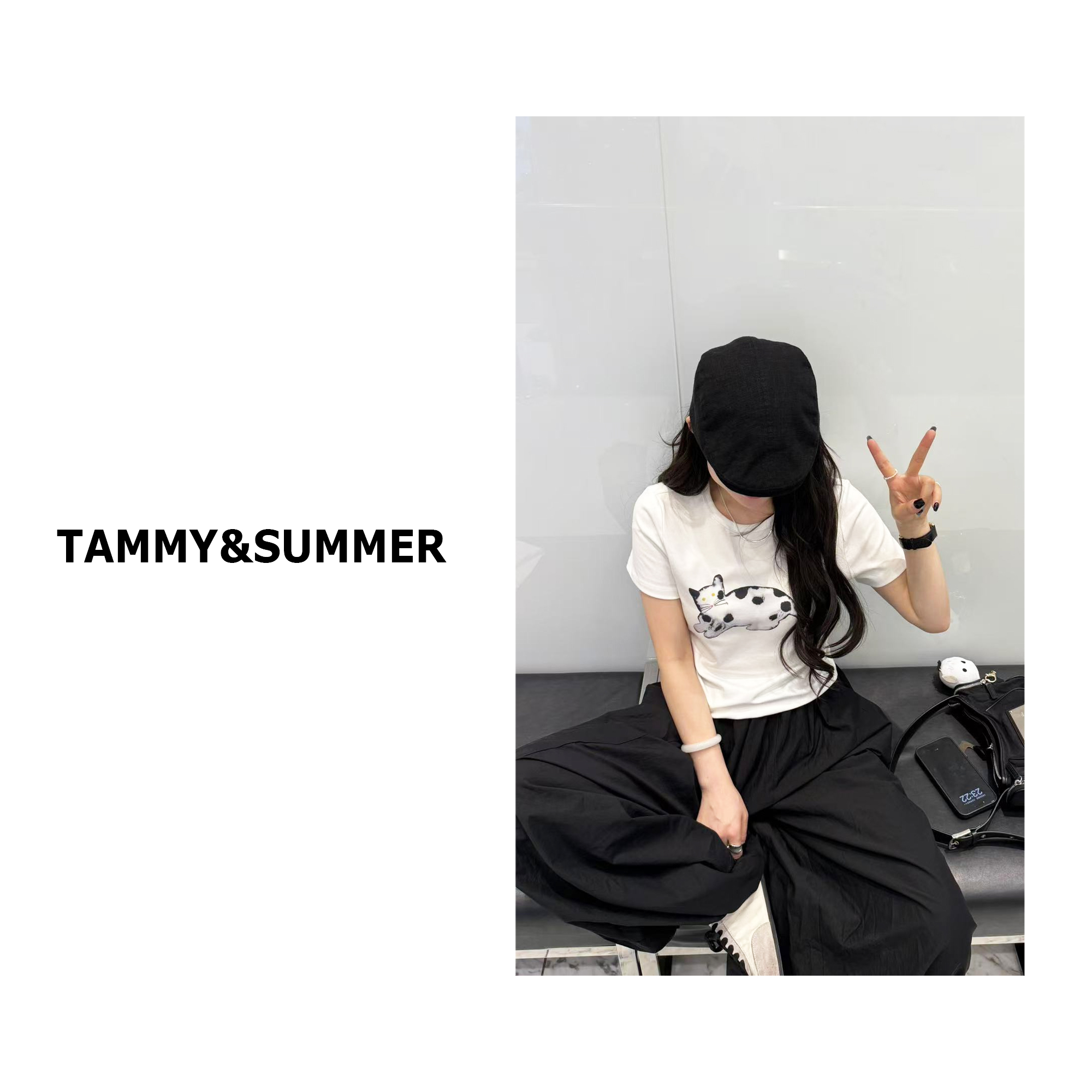 【Tammy&Summer】简约休闲修身短款显瘦圆领小猫印花短袖T恤259861
