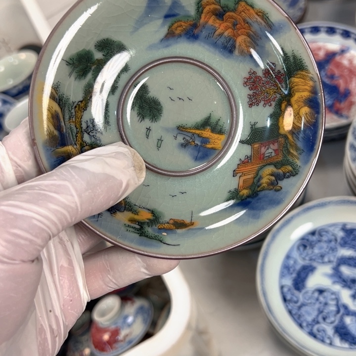 瓷片淘泥五彩山水壶承底托