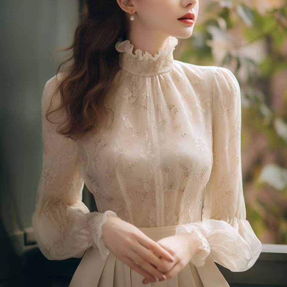 衬衫长袖纯色春秋修身春季打底秋冬收腰宽松上衣春装蕾丝