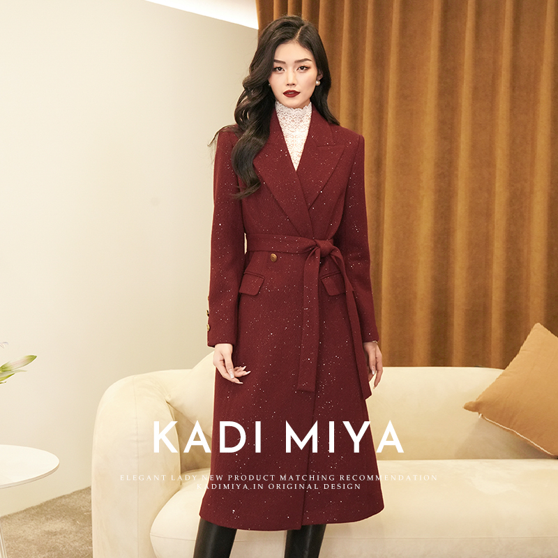 KADIMIYA【摩登伦敦】法式中长款大衣通勤优雅毛呢外套亮片大衣女