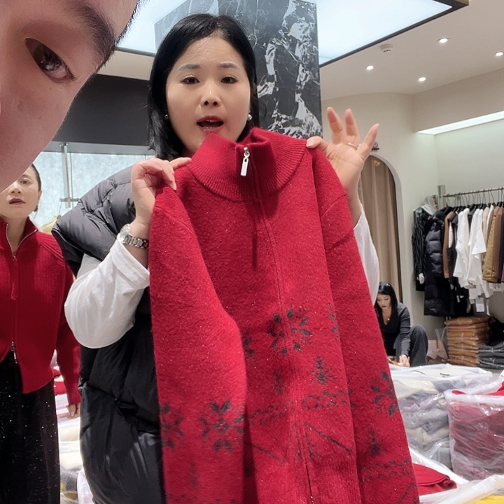 雪花毛衣全拉链立领