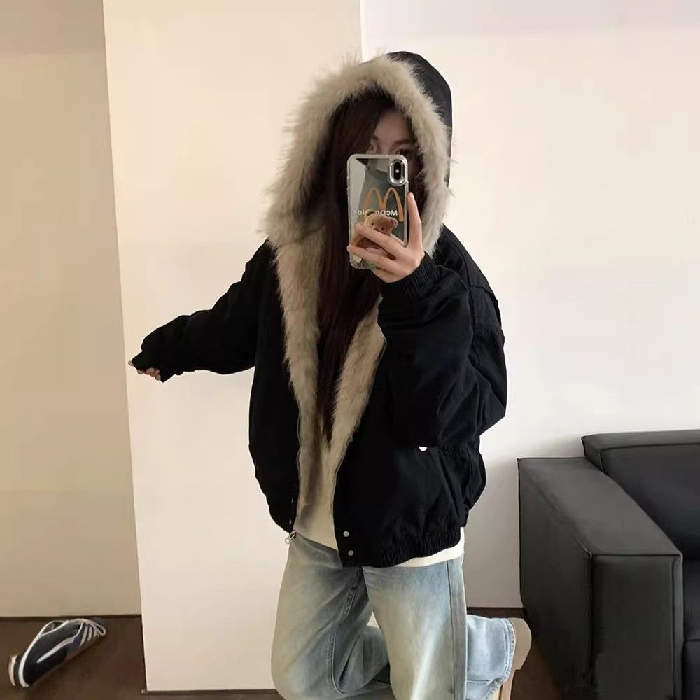 国潮座山雕毛绒连帽棉服男女2025冬季美式cleanfit设计感加厚棉衣