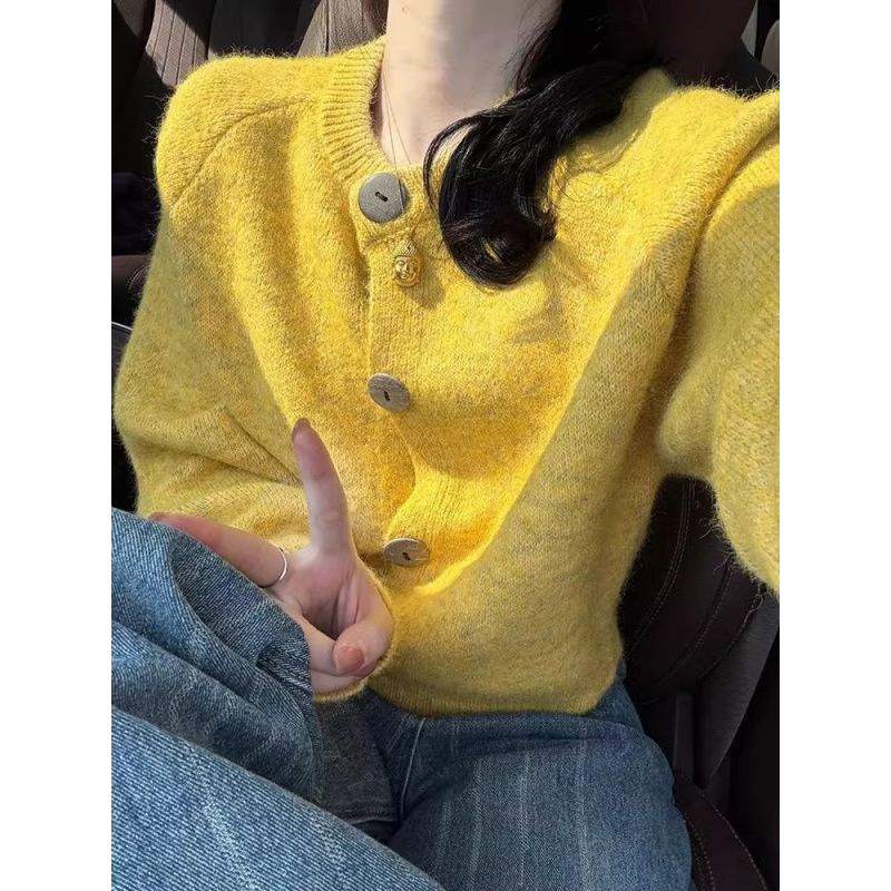 减龄鹅黄羊绒小个子软糯宽松针织开衫女春秋季穿搭慵懒风毛衣外套