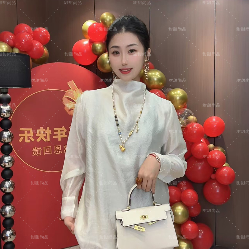 简约纯色法式立领长袖衬衫女2025春季薄款洋气欧根纱微透打底衫潮