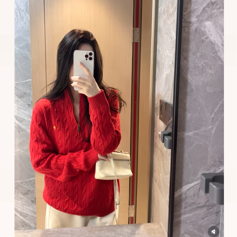 SANSIS  小马 红色半拉链羊毛针织长袖针织毛衣