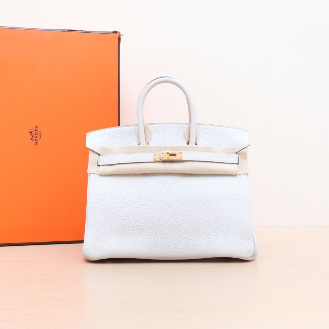 95新 Hermes/爱马仕 小花攀攀Birkin 25 冰川白 Togo皮 B刻 金扣 