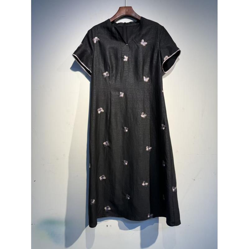 【香云蝶梦】100桑蚕丝新中式夏装蝴蝶刺绣中长连衣裙FE85D197