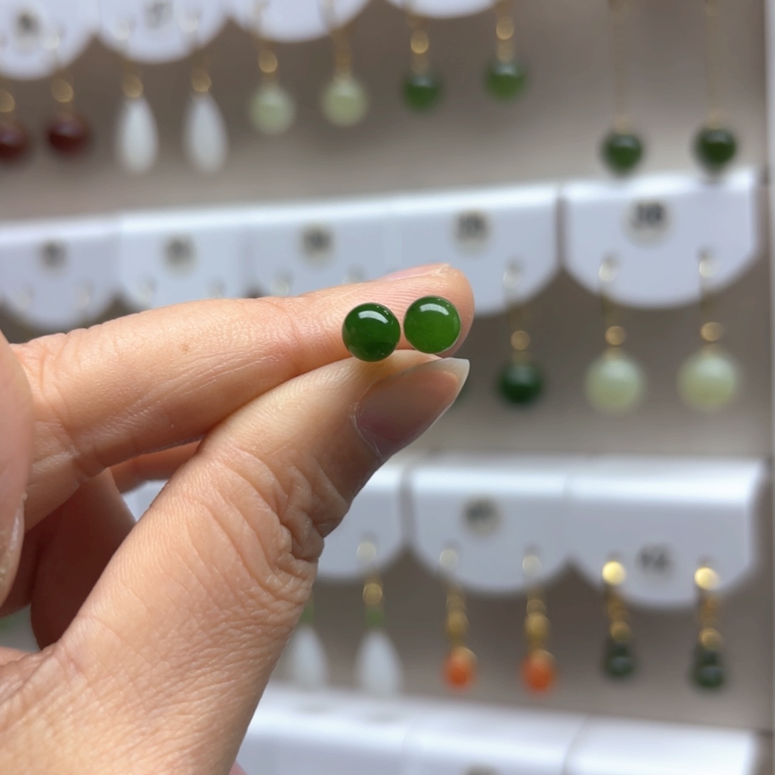 和田玉耳饰银S925镶嵌6mm 