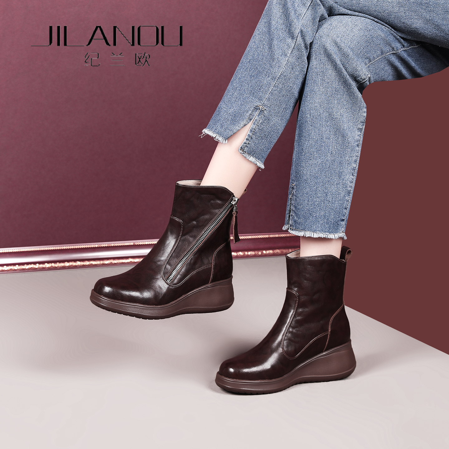 厚底真皮短靴女秋冬2025新款女鞋牛皮坡跟瘦瘦靴软底软面加绒靴子