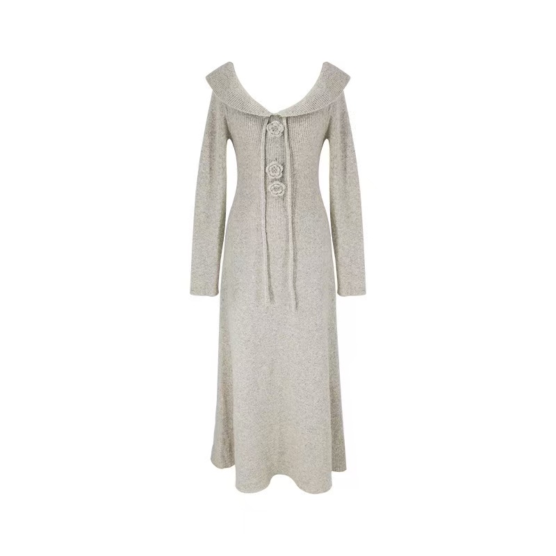 荷叶边小翻领收腰修身羊毛针织连衣裙