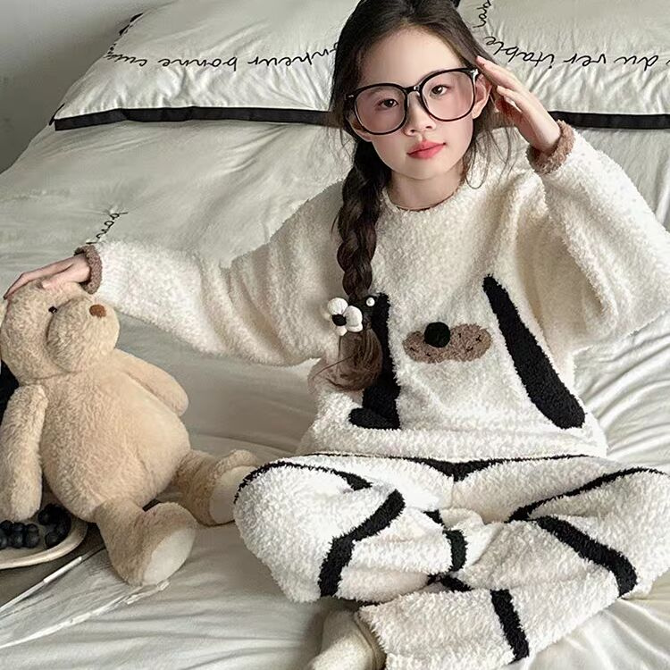 女童冬款卡通加厚睡衣中大童韩版洋气软糯半边绒套头家居服9001