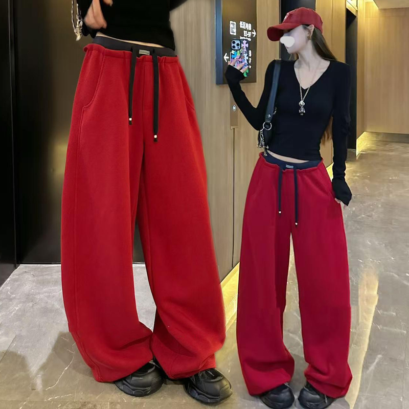 秋冬季极简风拼接红色加绒卫裤女宽松加厚抽绳弯刀裤运动休闲裤子