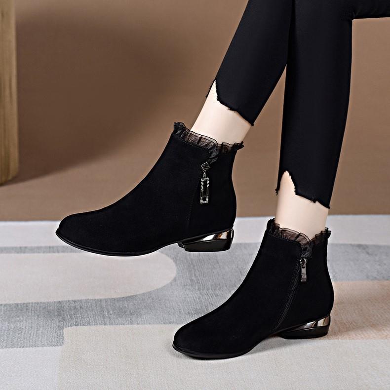 小短靴真皮圆头磨砂软羊皮2025新款及踝靴子女秋冬加绒软底妈妈鞋