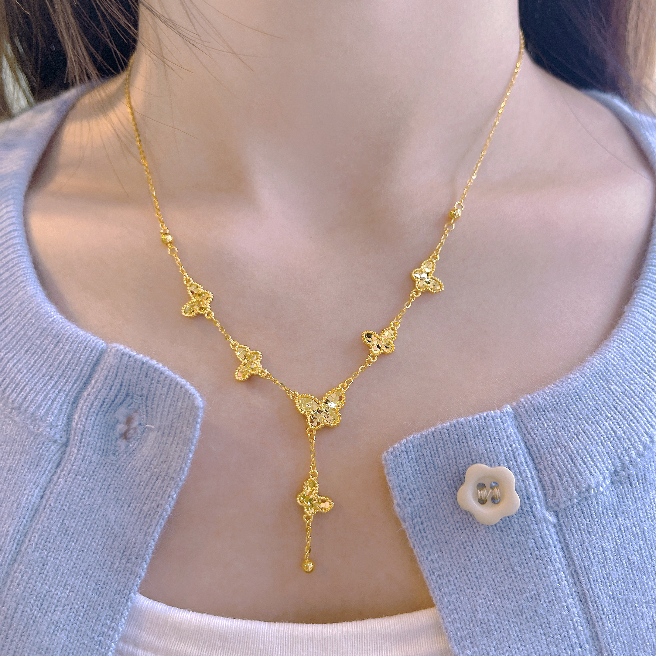 5G工艺足金999碎冰冰六只蝴蝶套链轻奢爆闪款