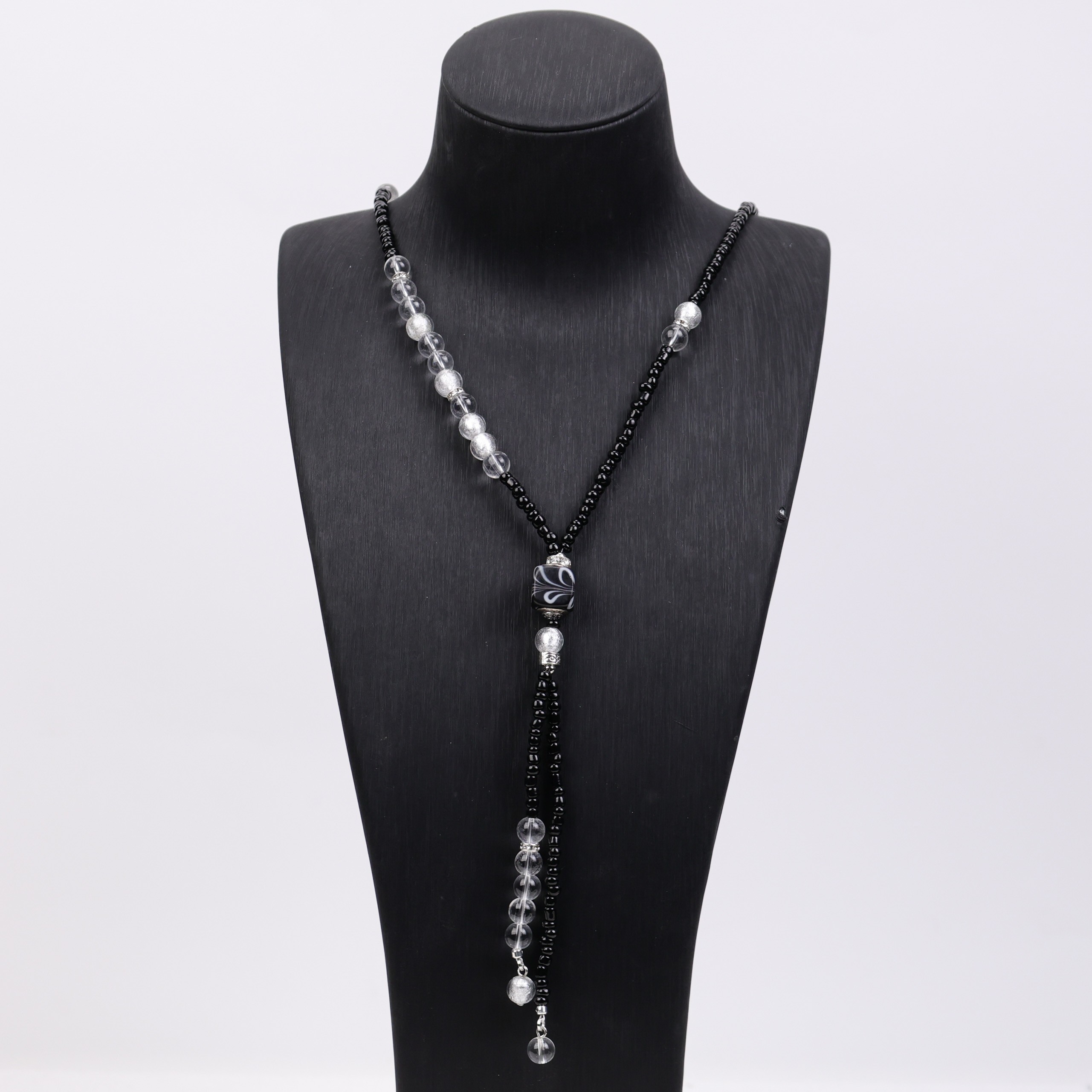 合金项链 LZ1550 黑色花纹白色银箔小米珠丝巾款琉璃项链