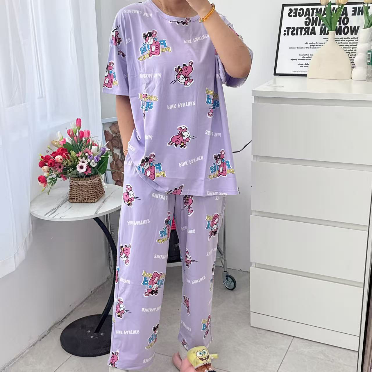秋季新款短袖大码休闲卡通长裤睡衣套装休闲舒适家居服