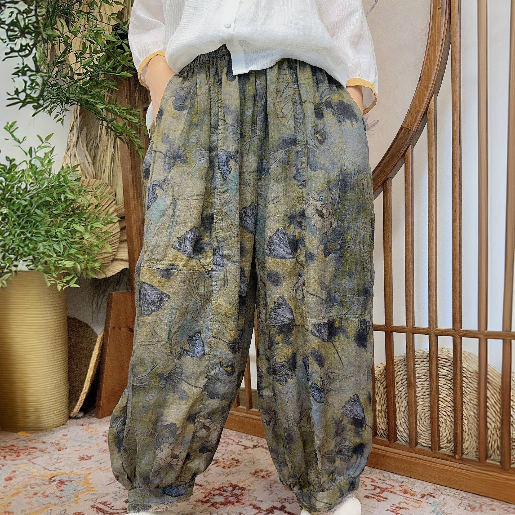 碧瑶-100%双层苎麻手工炒色工艺裤子3816