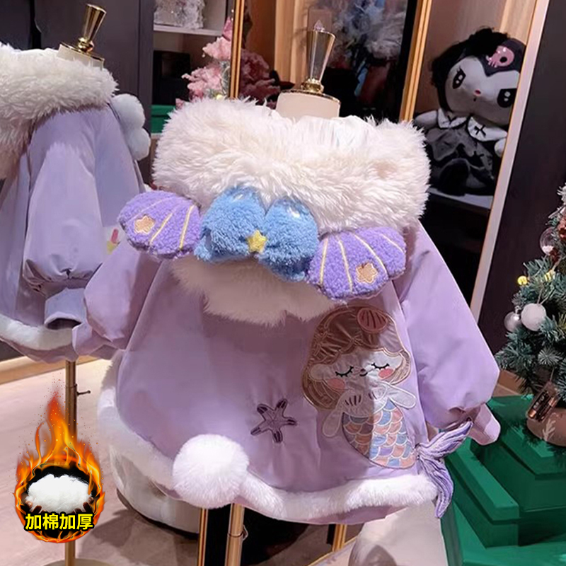 时髦小女孩洛丽塔棉衣冬装女宝羽绒棉服加绒加厚连帽卡通保暖棉袄