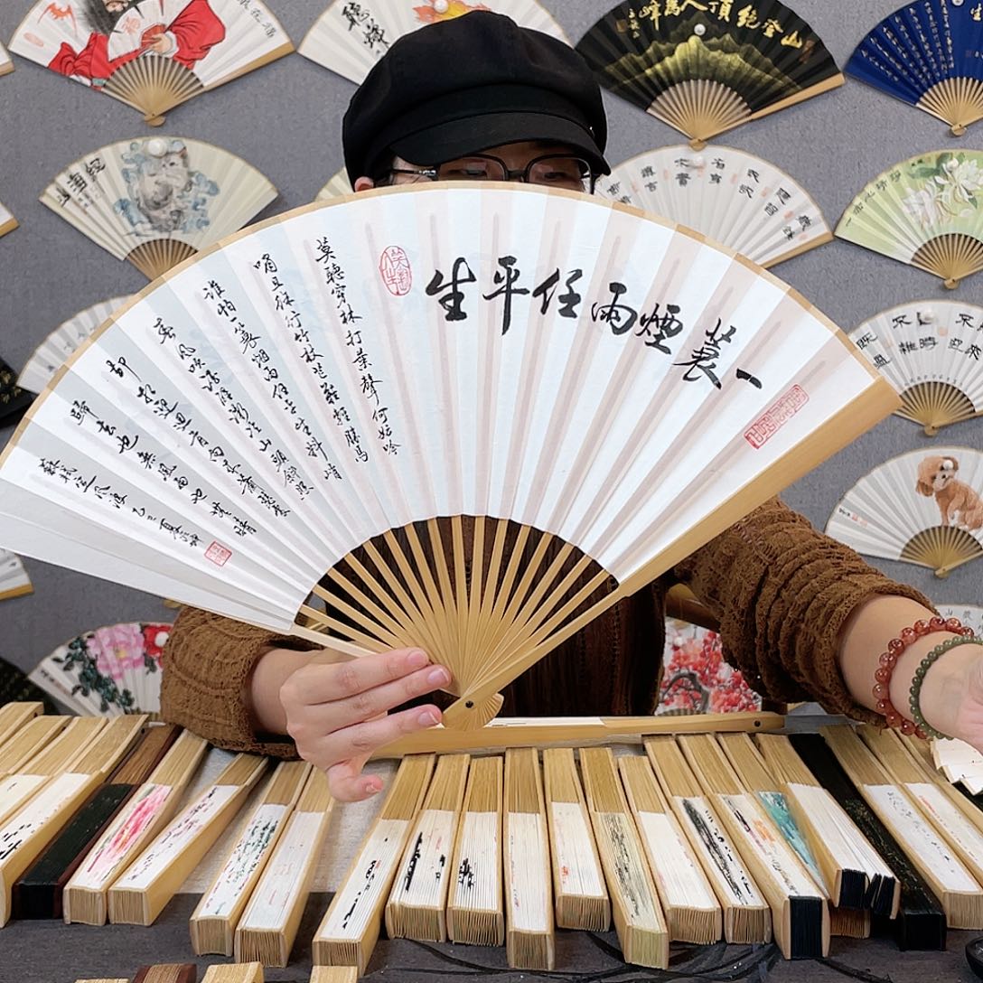 国画95寸玉竹-纯手绘-文玩扇骨（默认粘好）定风波