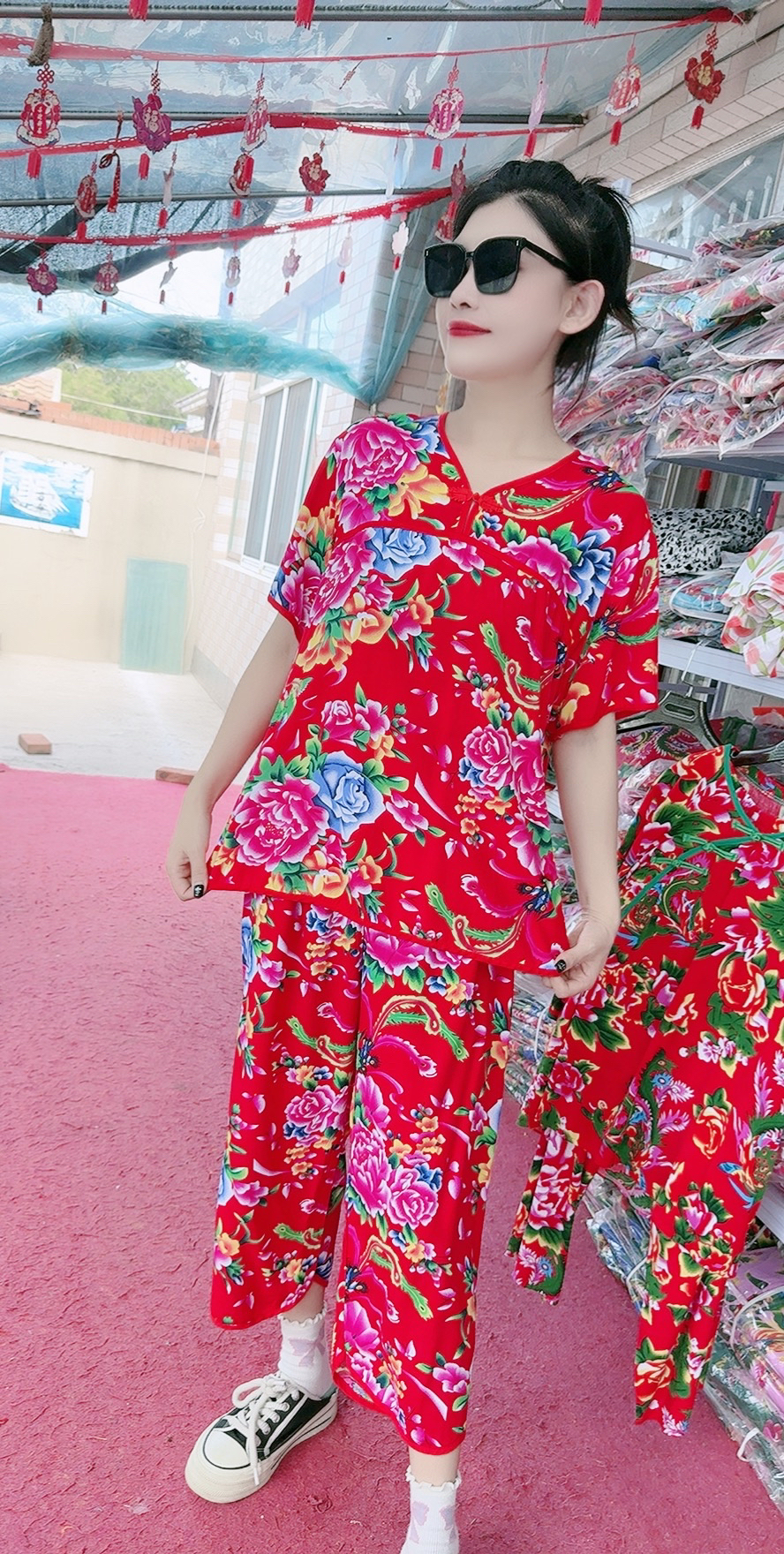 夏季宽松短袖棉绸睡衣套装可外穿家居九分裤