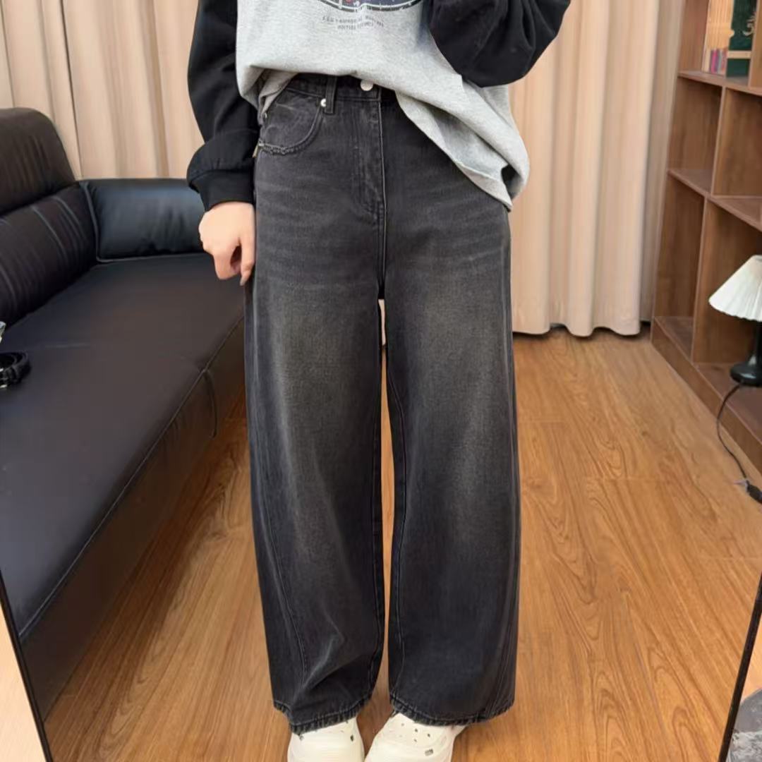 84042余小鱼【漫步者】黑灰色休闲裤脚磨破设计抓毛牛仔裤女装