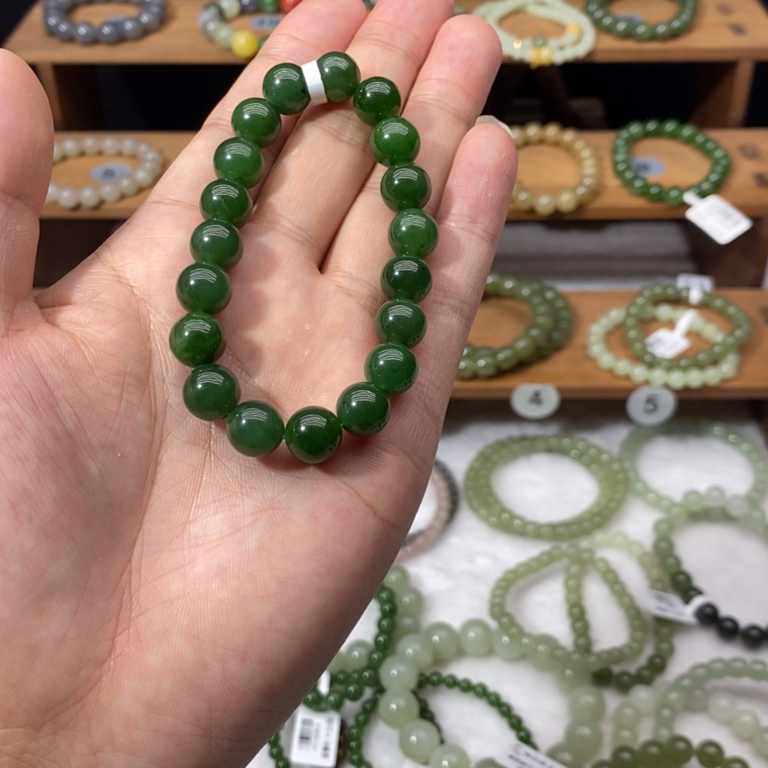 和田玉手链未镶嵌敏*卡10碧玉菠菜綠