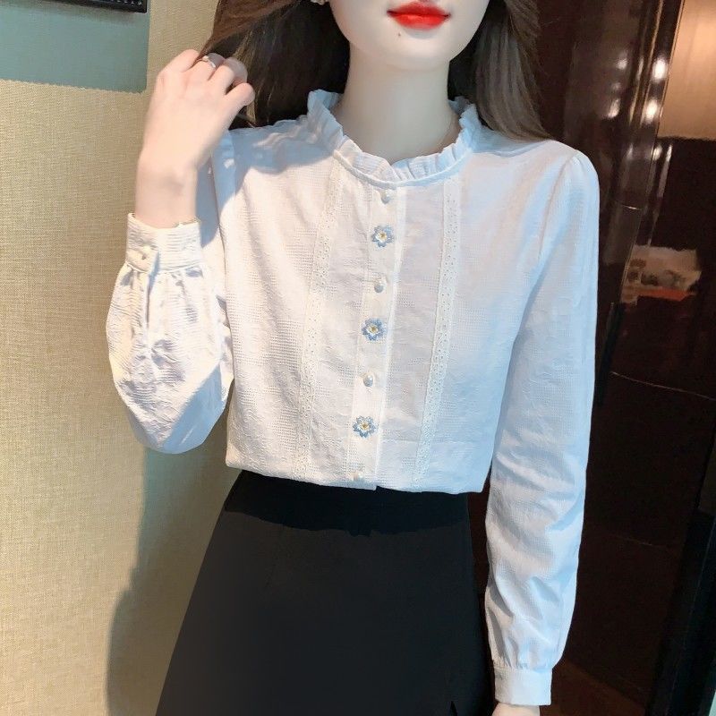 女洋气衬衫女装木耳领加绒全棉提花春秋季纯棉新款2024年上衣刺绣