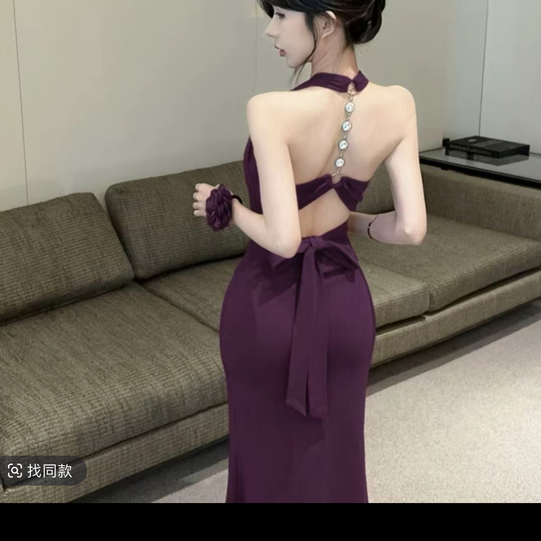 美衣在这下单挂脖式长裙夏季连衣裙镂空高弹力修身