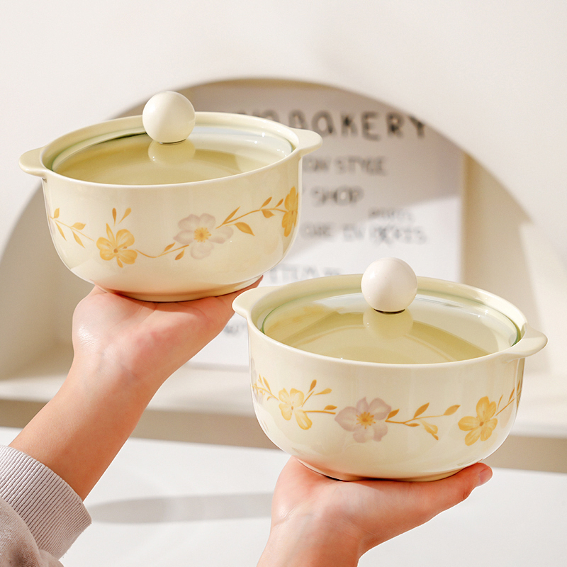 【带盖泡面碗】紫罗兰陶瓷泡面碗带餐具耐高温防烫双耳陶瓷碗