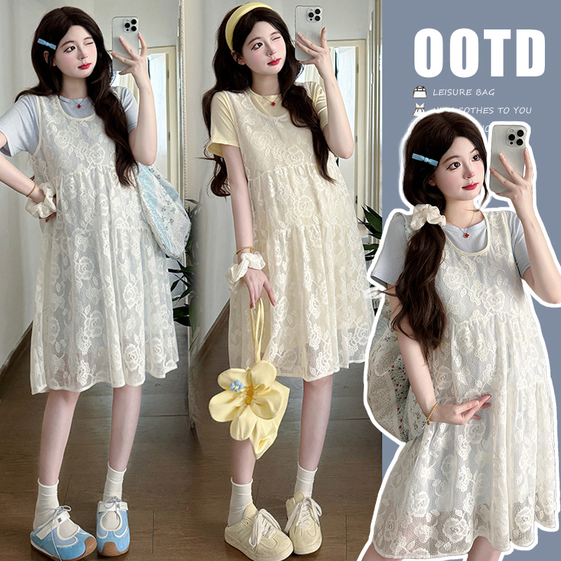 2025夏季新款韩系温柔系宽松蕾丝罩衫+T恤裙连衣裙减龄甜美套装