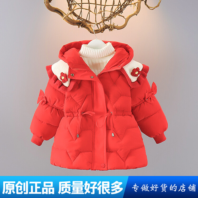 女童中大童中长款加厚棉袄外套原创设计棉衣纯色冬装拜年服加绒款