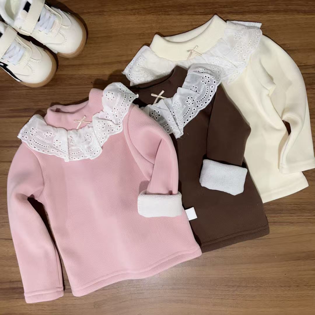 【加绒内搭】女童加绒打底衫新款蕾丝花边领加绒上衣内搭