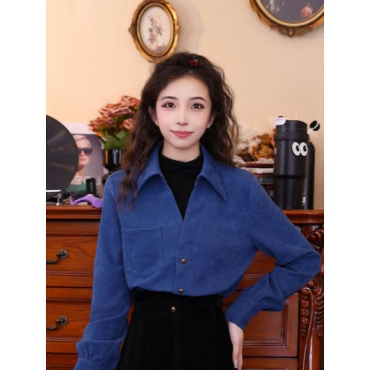 豆芽【海的那边】港味复古气质设计感假两件长袖上衣03247