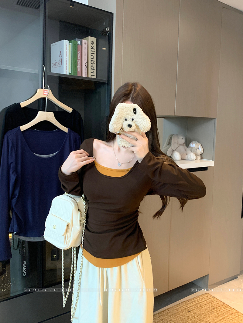 2025秋装新款胖mm大码女撞色别致假两件掐腰显瘦长袖上衣A2515