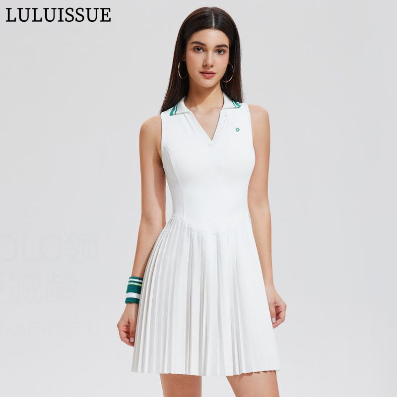 LULUISSUE运动连衣裙新款无袖网球裙裸感速干透气V领百褶裙跑步健