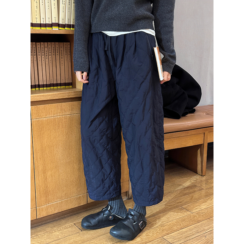 LANGQING 菱格保暖冬季蓝色直筒九分阔腿棉裤43207/43424#