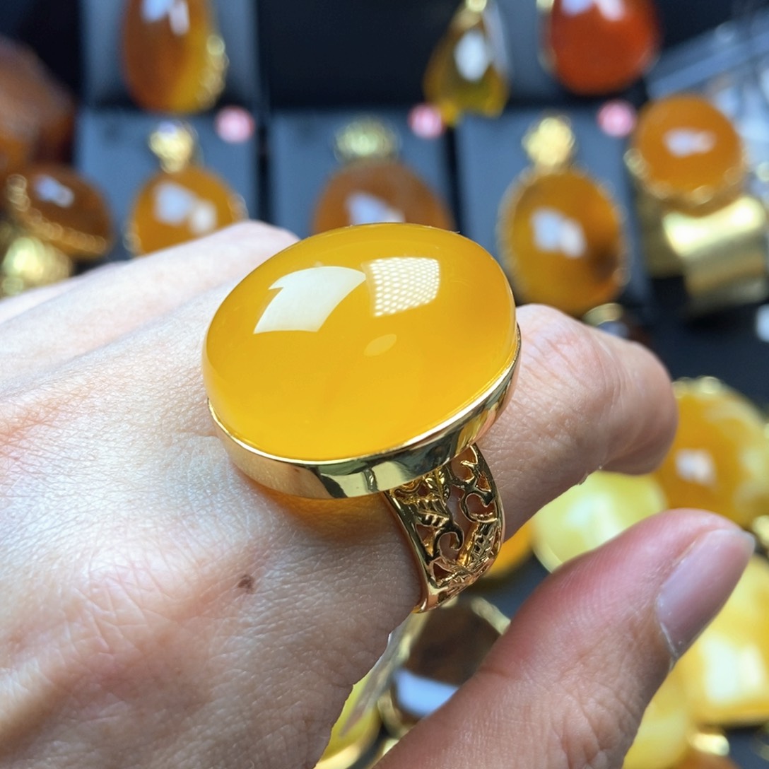 琥珀银S925镀金镶嵌戒指