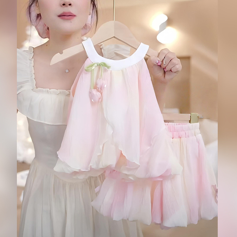 夏季2025新款女童清爽款花苞渐变公主裙吊带两件套韩版儿童套装潮